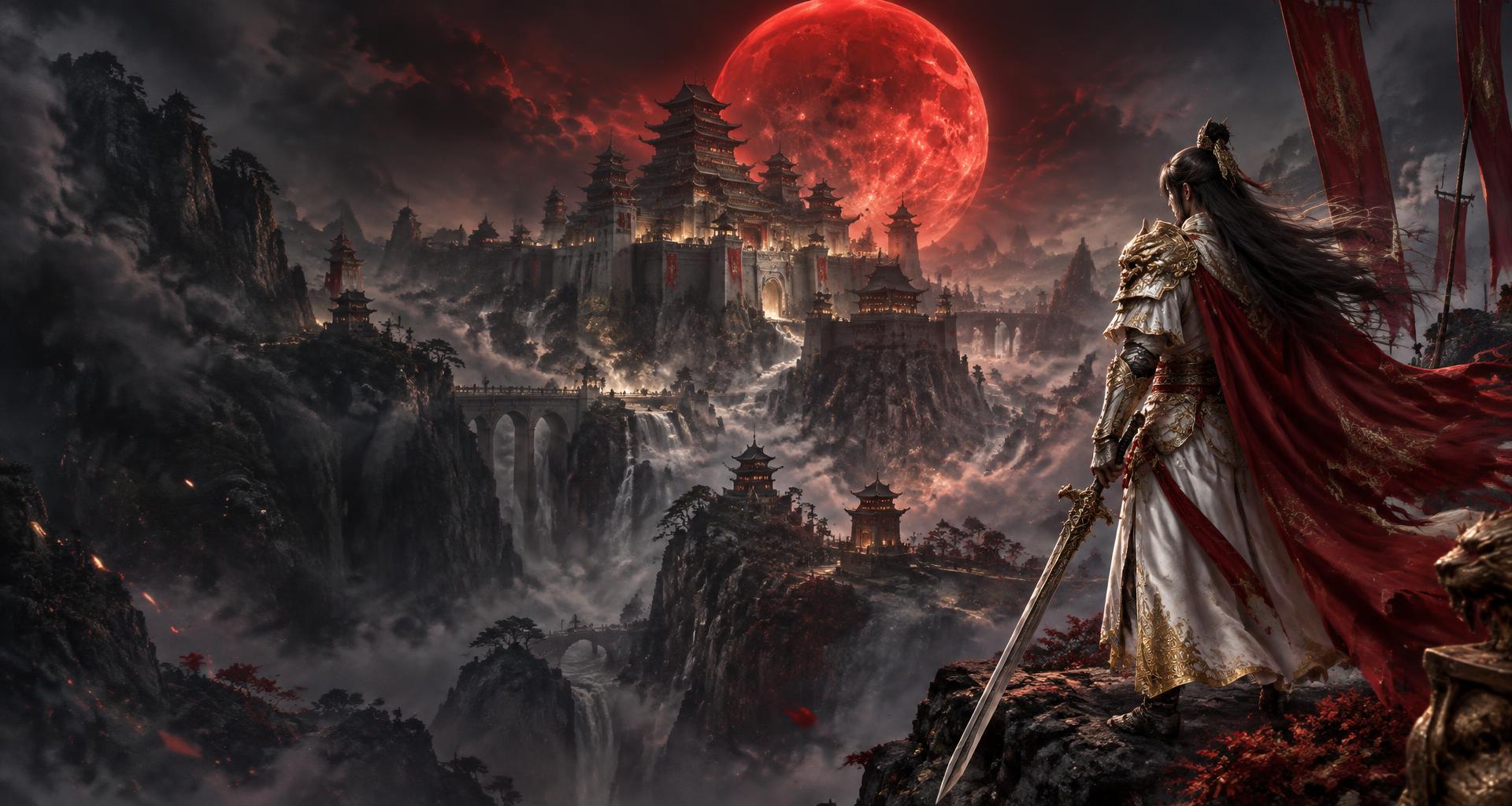 White-and-gold armoured warrior overlooking a colossal East Asian fortress beneath a scarlet moon